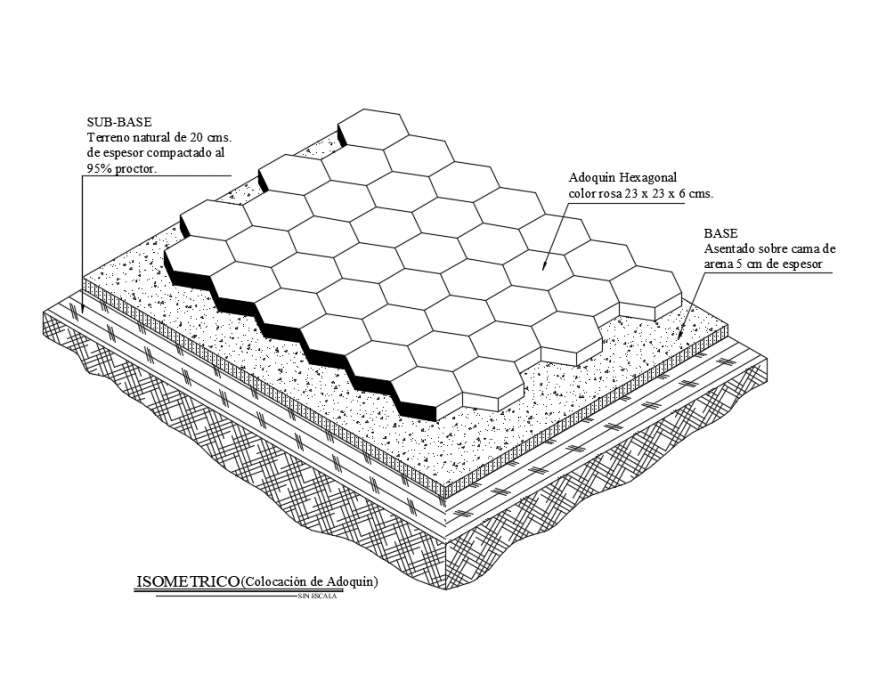 Isometric view of cobble laying placement structure details dwg file