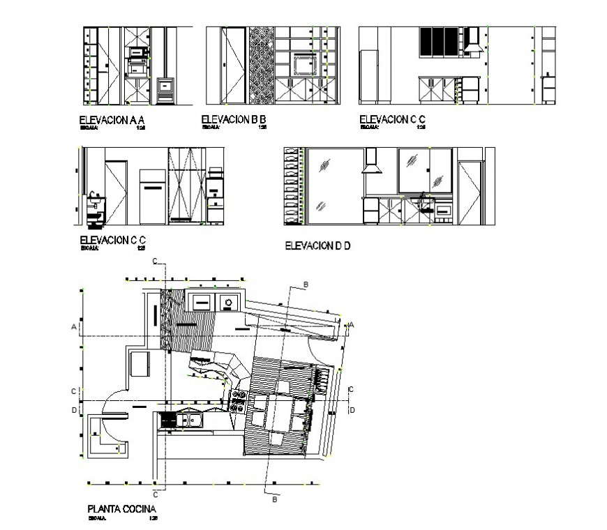 Kitchen interior plan and sectional 2d view layout file autocad file