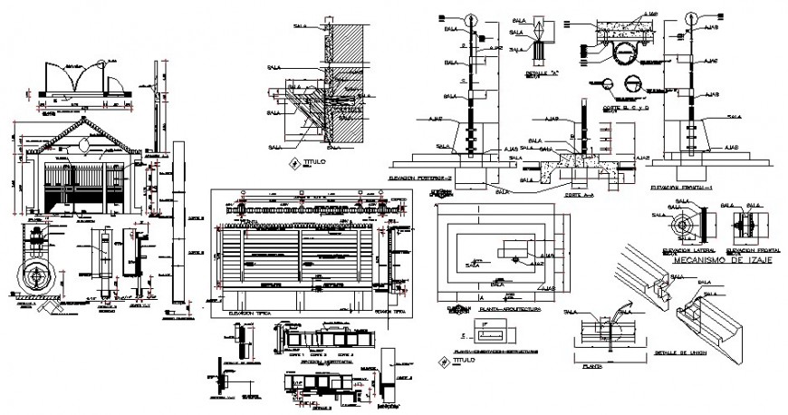 Light-pole installation, roof and constructive structure details of school dwg file