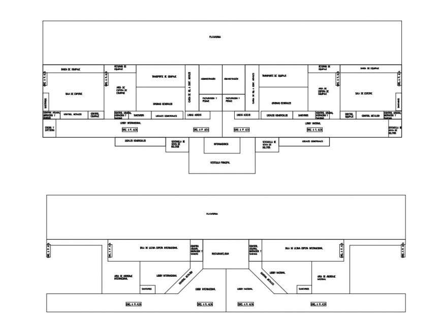 Line plan of airport terminal building 2d view layout file in dwg format