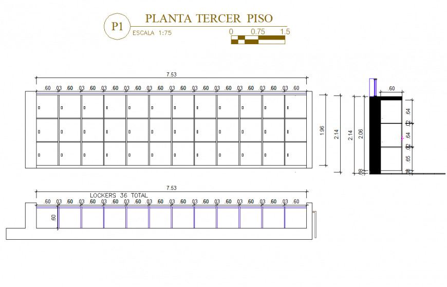 Locker plan, elevation and section detail dwg file