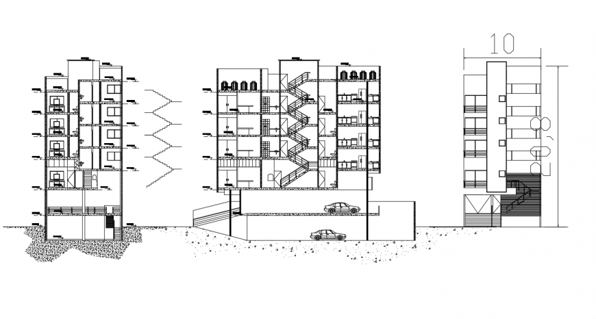 Main elevation and front and side section drawing details for residential building dwg file