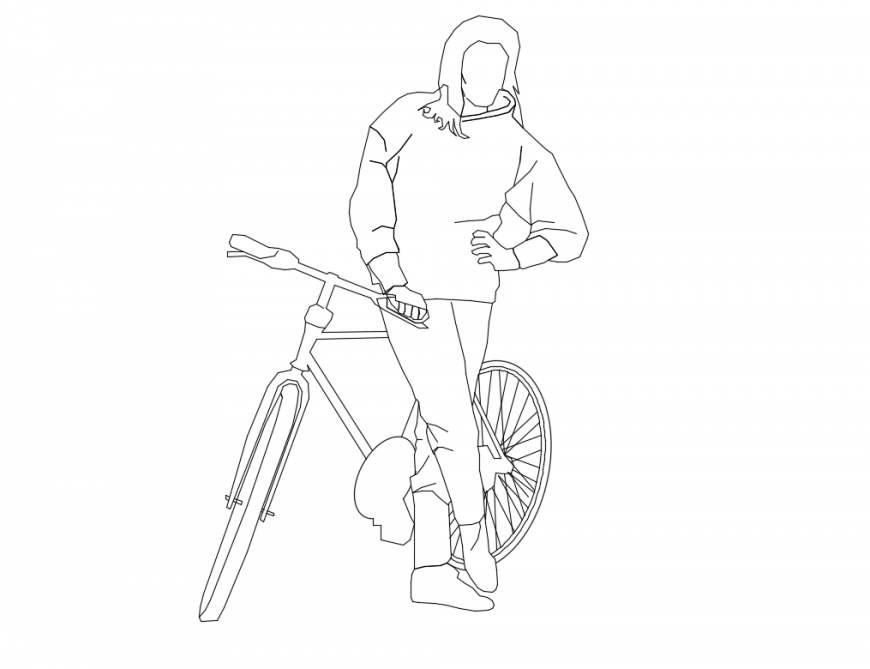 Man standing act with bicycle front view cad block details dwg file