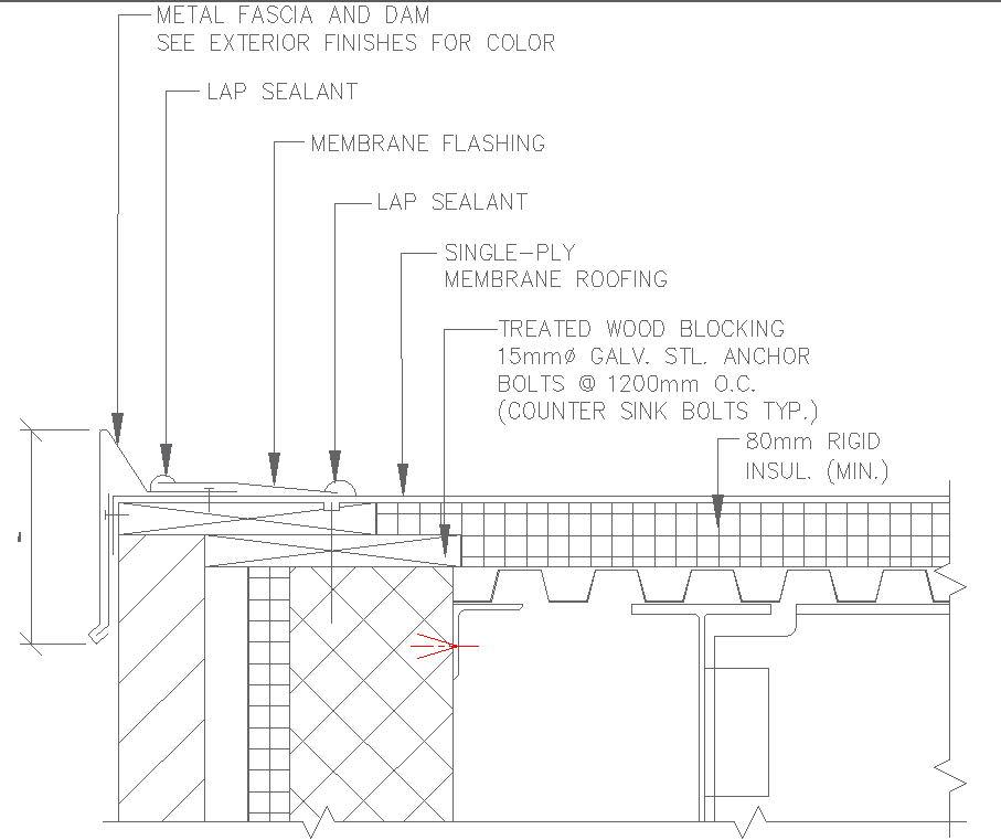metal fascia detail with membrane flashing and lap sealant dwg autocad drawing 