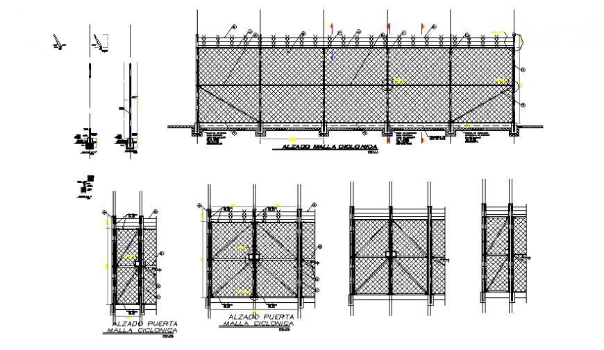 Metallic gate cyclone mesh section and constructive structure details dwg file