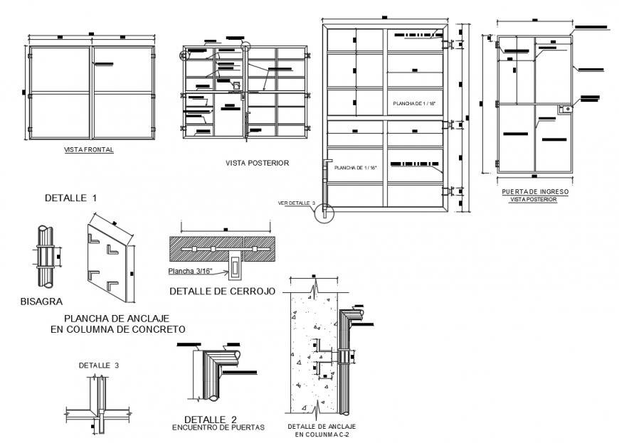 Metallic gate elevation, section and constructive structure details dwg file