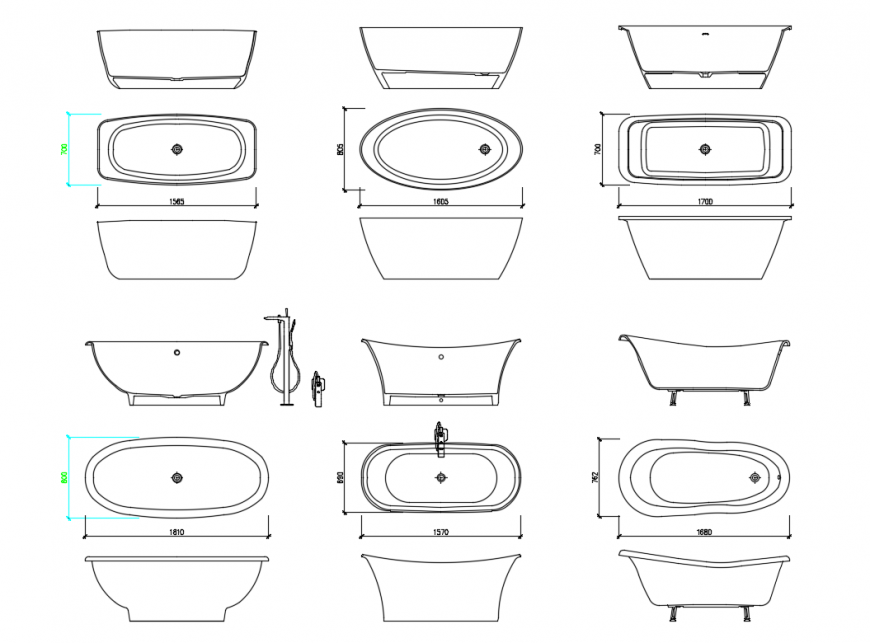 Miscellaneous free standing bath tub elevations cad blocks details dwg file