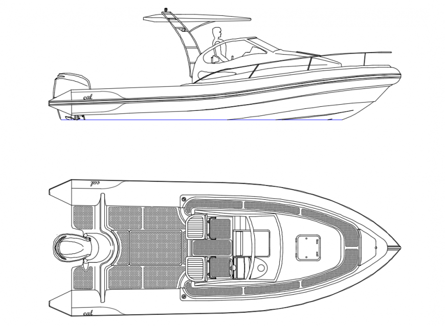Motor boat side and top view elevation cad block details dwg file