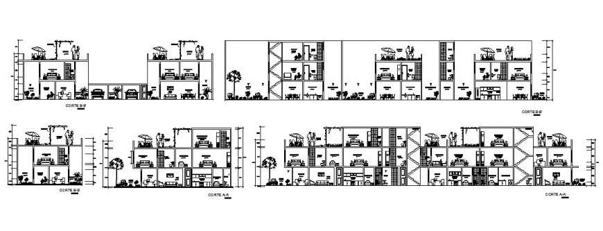 Multi-familiar residential apartment building all sided section cad drawing details dwg file