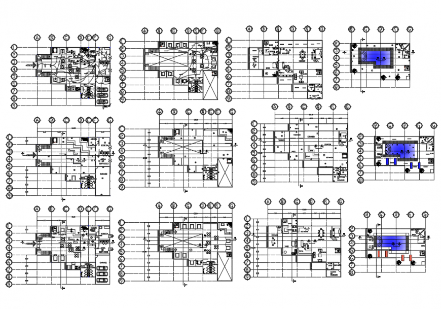 Multi-story apartment building with cafeteria floor plan details dwg file
