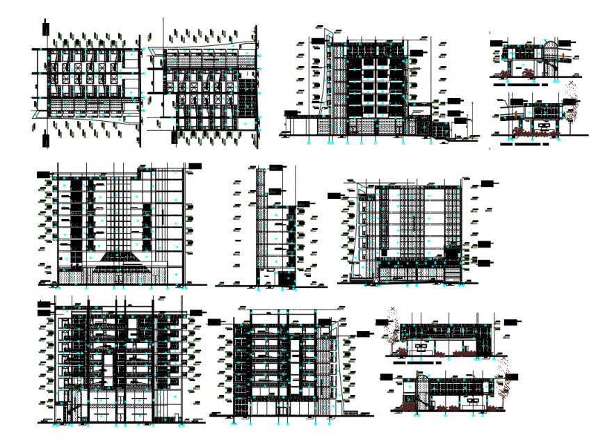 Multi-story luxuries hotel elevation, section, floor plan and auto-cad details dwg file
