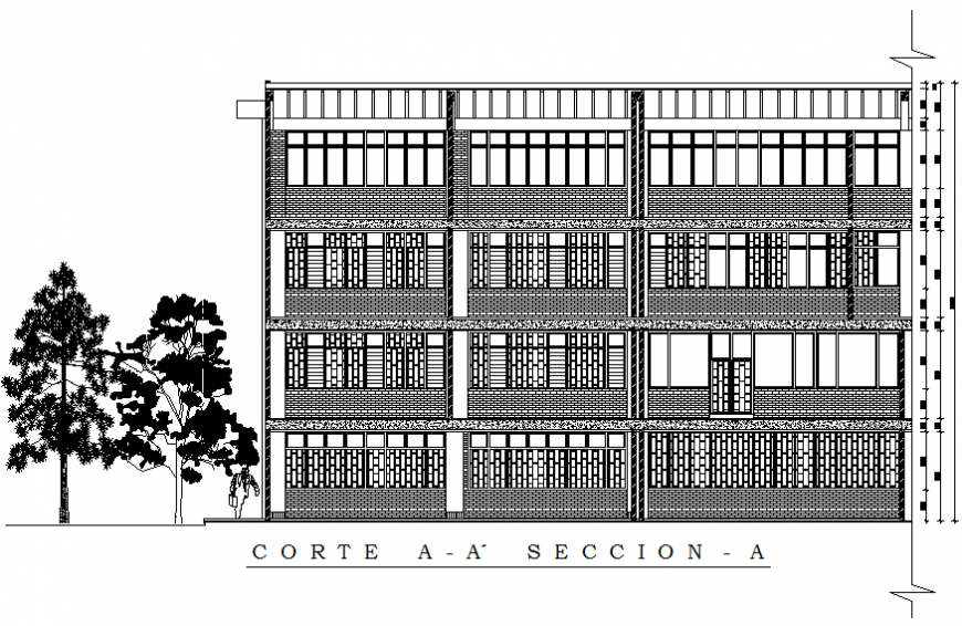 Multi-story primary school back elevation cad drawing details dwg file