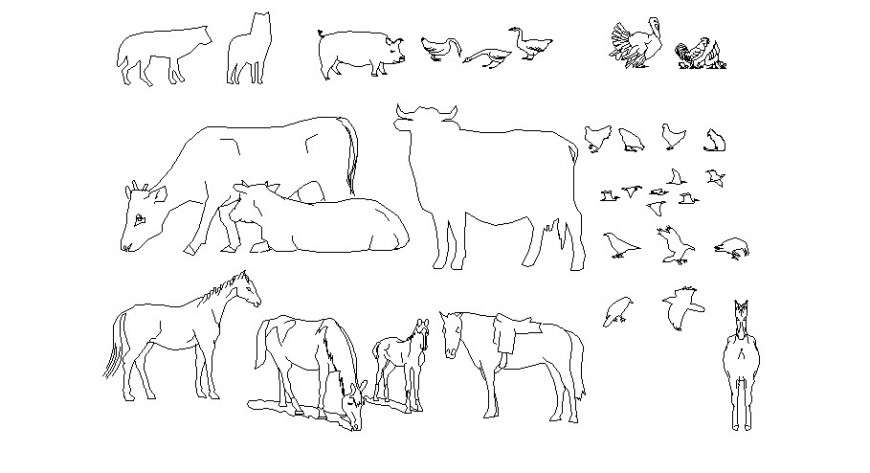 Multiple animal and bird 2d elevation blocks cad drawing details dwg file