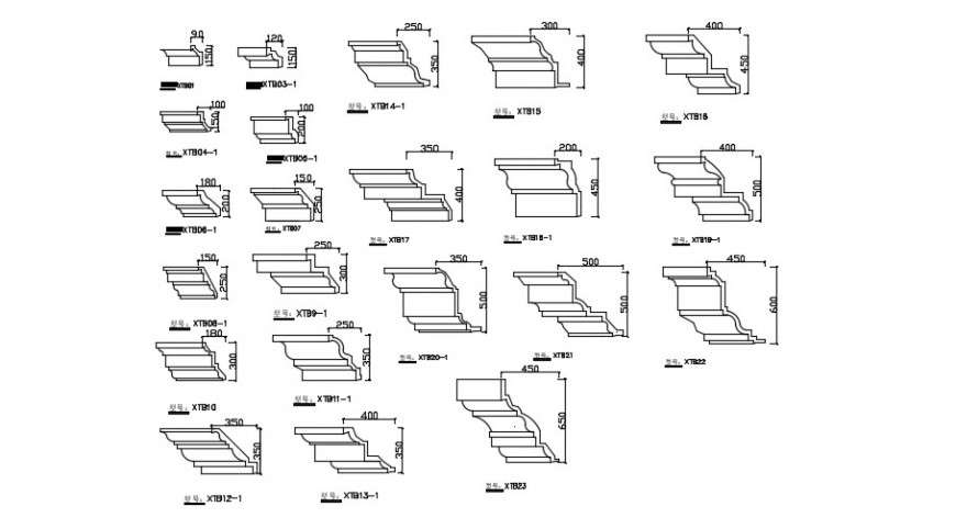 Multiple cornices elevation blocks drawing details dwg file