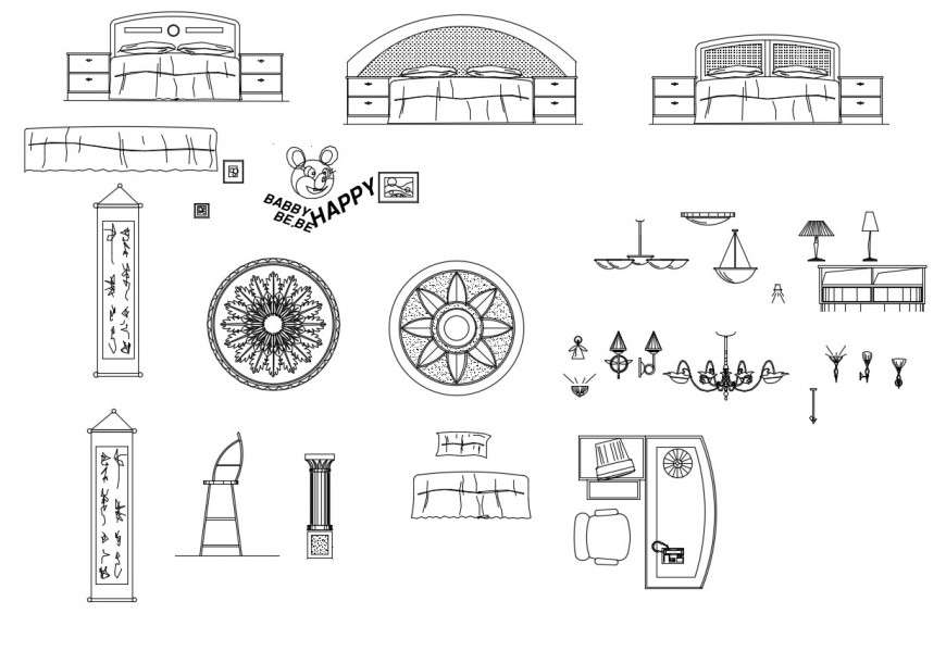 Multiple double beds and interior blocks cad drawing details dwg file