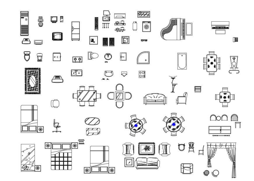 Multiple household furniture and sanitary 2d blocks drawing details dwg file