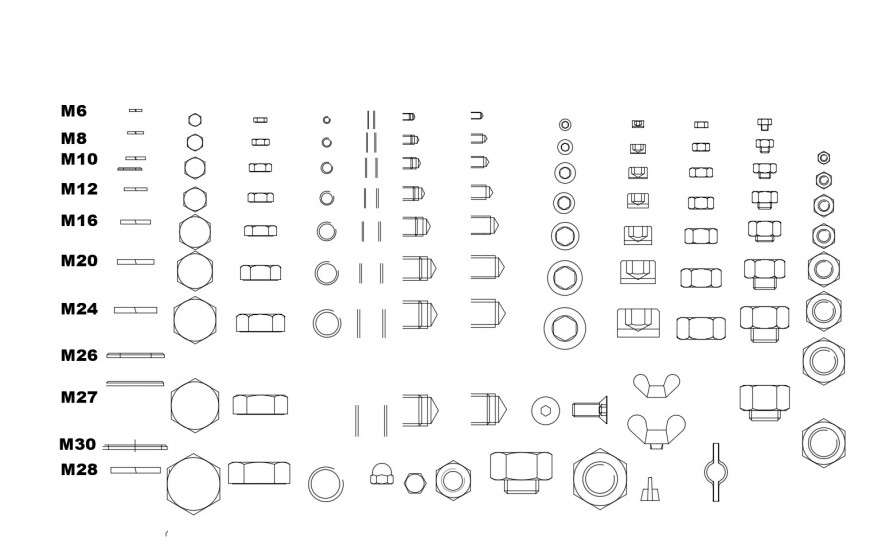 Multiple screw, valve and bolts elevation blocks cad drawing details dwg file