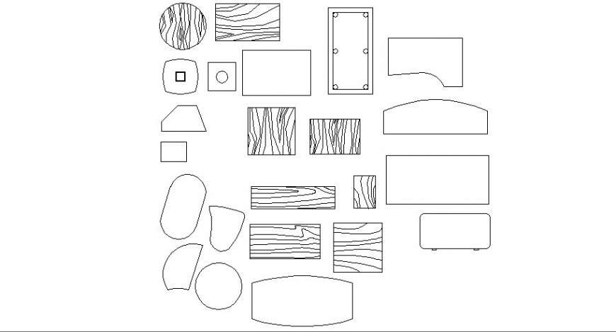 Multiple shaped wooden table elevation blocks cad drawing details dwg file
