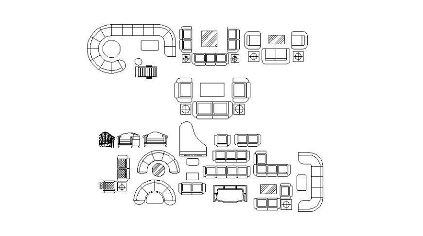Multiple sofa sets, piano table and drawing room furniture blocks cad drawing details dwg file