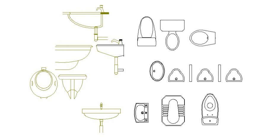 Multiple toilet sheet, sink and sanitary equipment blocks details dwg file
