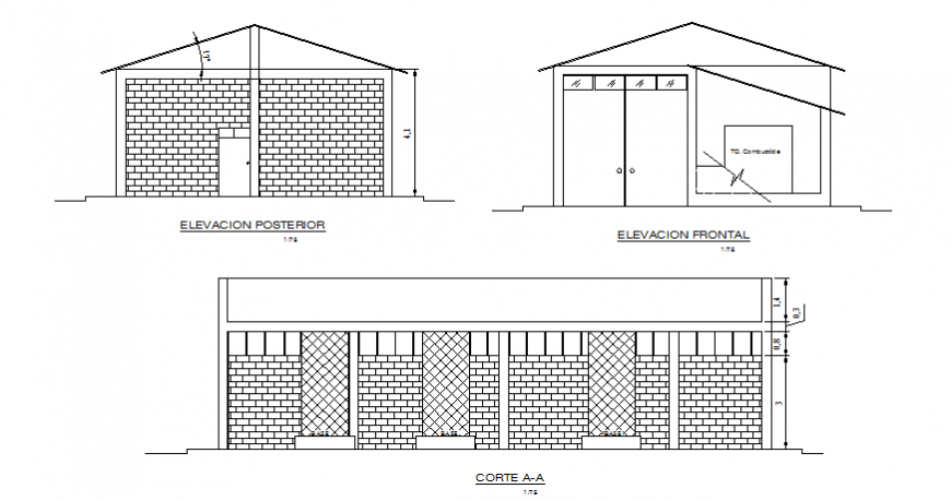Office building front and back elevation and main section details dwg file