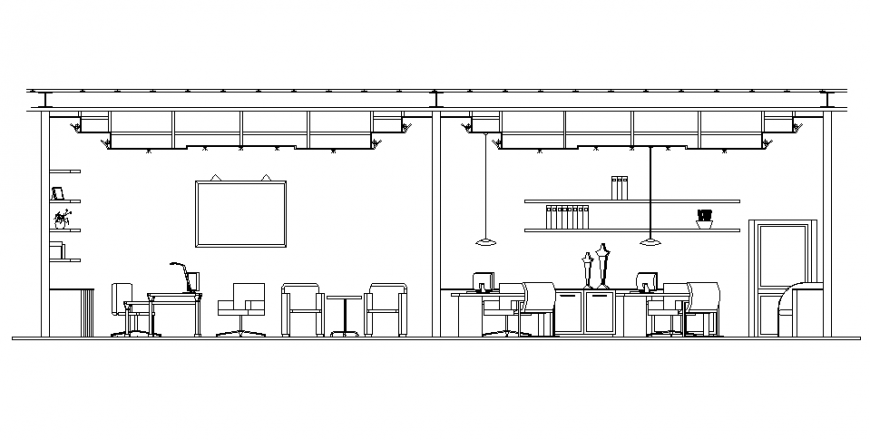 Office cabin proposed section with interior and furniture details dwg file