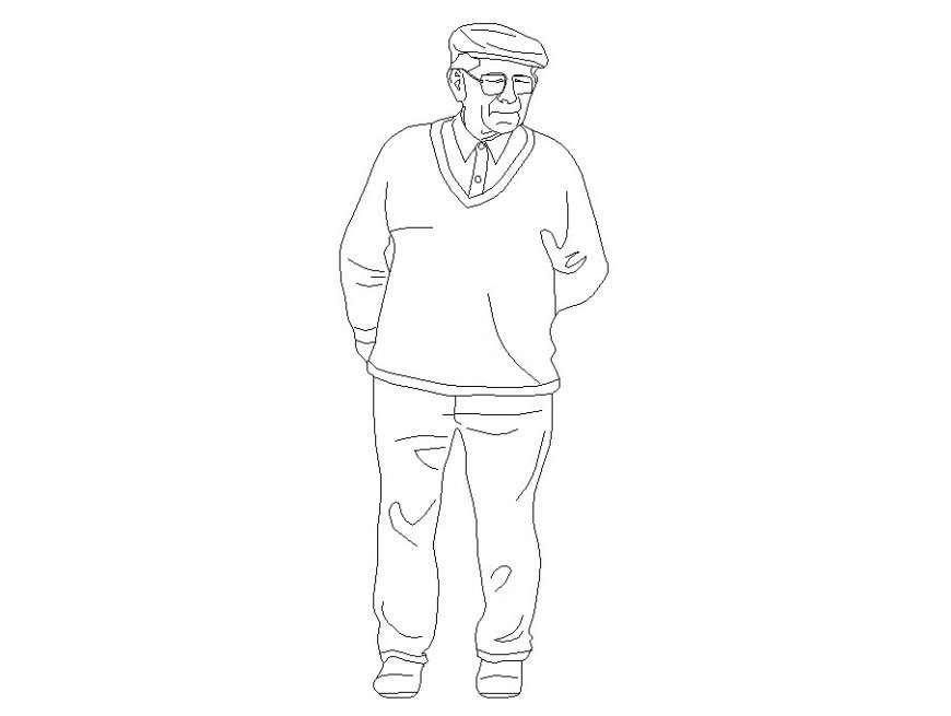 Old man with cap and glasses standing looking cute 2d people block dwg file