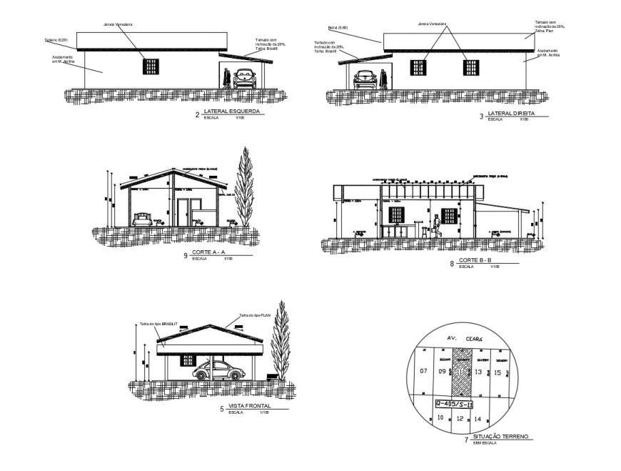 One level house all sided elevation and section cad drawing details dwg file