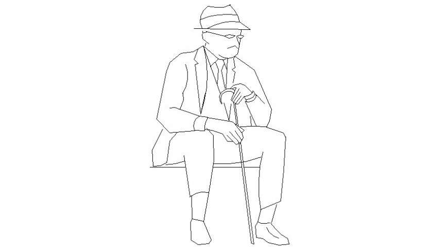 One old men seating with stick in AutoCAD file