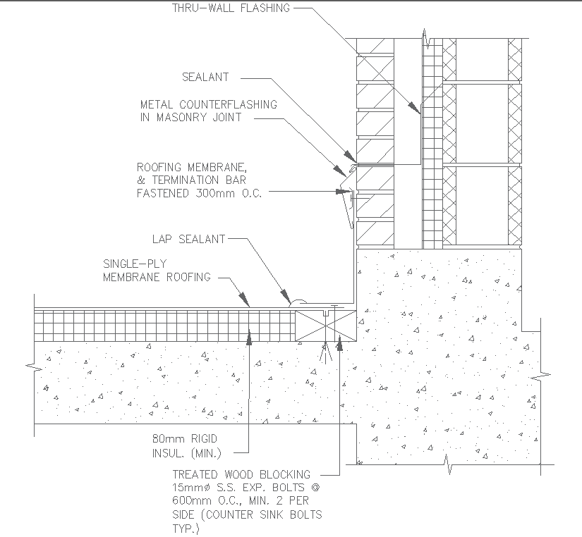 oof and  wall junction detail with single ply membrane roofing dwg autocad detail drawing 