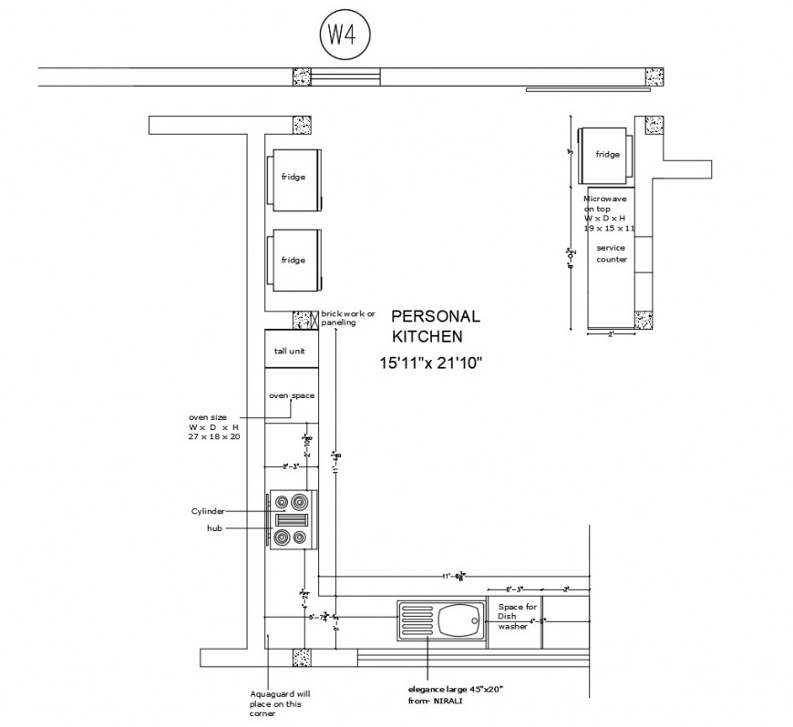 Personal house kitchen architecture layout plan with furniture drawing details dwg file