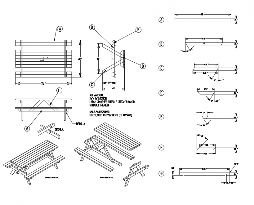 Picnic garden bench elevation, section and plan details dwg file
