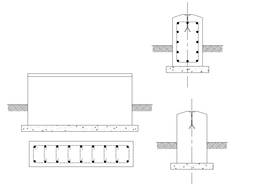 Plan, elevation, and side view of the wall construction design dwg file 
