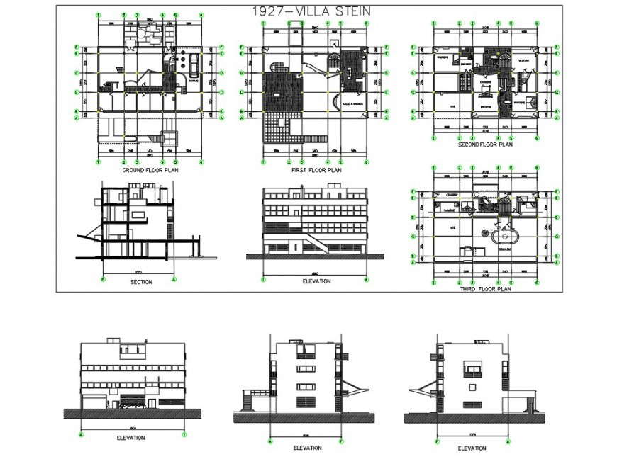 Plan, elevation and section detail of villa detail 2d view CAD structural block autocad file