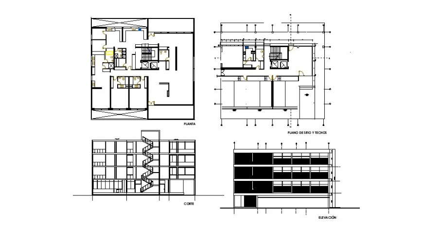 Plan, elevation and section of apartment 2d view CAD architecture building block dwg file