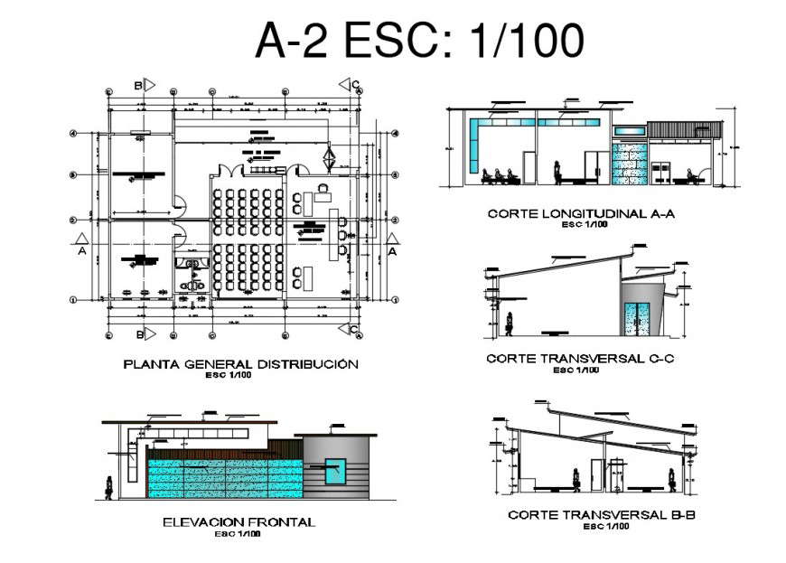 Plan, elevation and sectional detail of auditorium building block layout file in dwg format