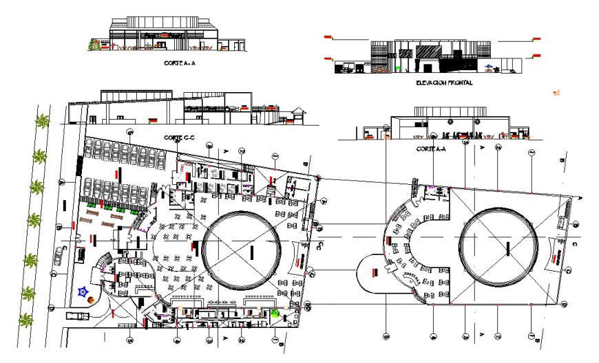 Plan, elevation and sectional detail of hotel building structure layout file in autocad format