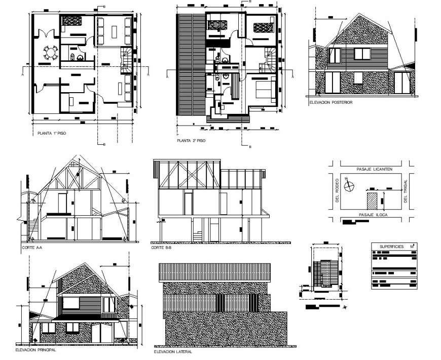 Plan, section and elevation of a house structure 2d view CAD construction layout file in dwg format