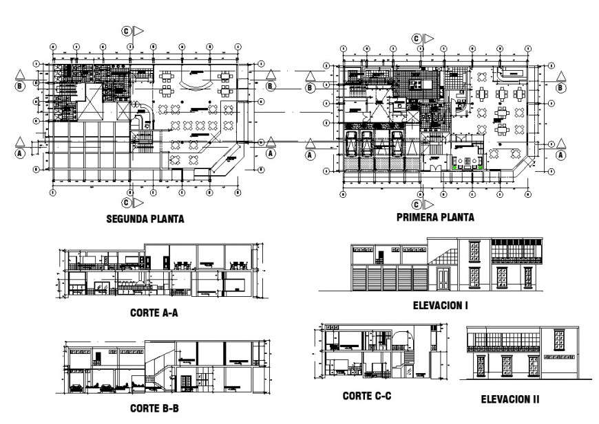 Plan, section and elevation of hotel building structure 2d view CAD construction block layout dwg file
