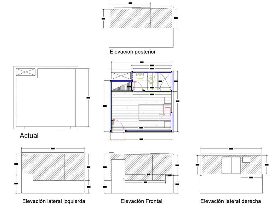 Plan and elevation bedroom detail dwg file