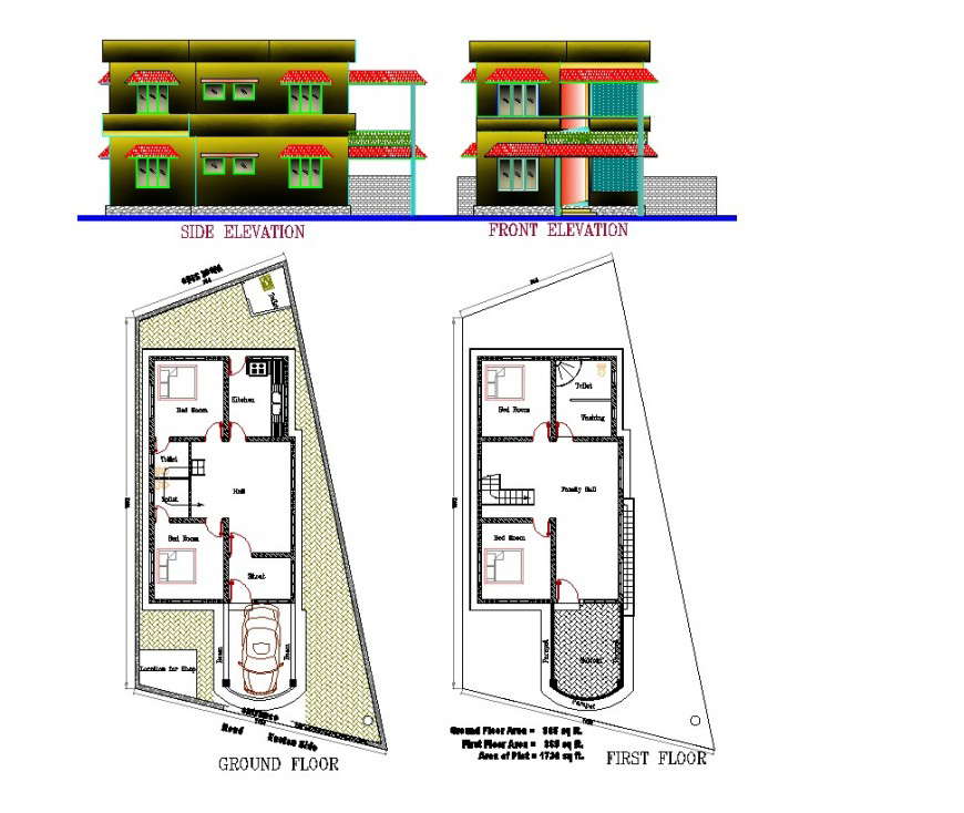 Plan and elevation of apartment 2d view CAD structural block layout file in autocad format