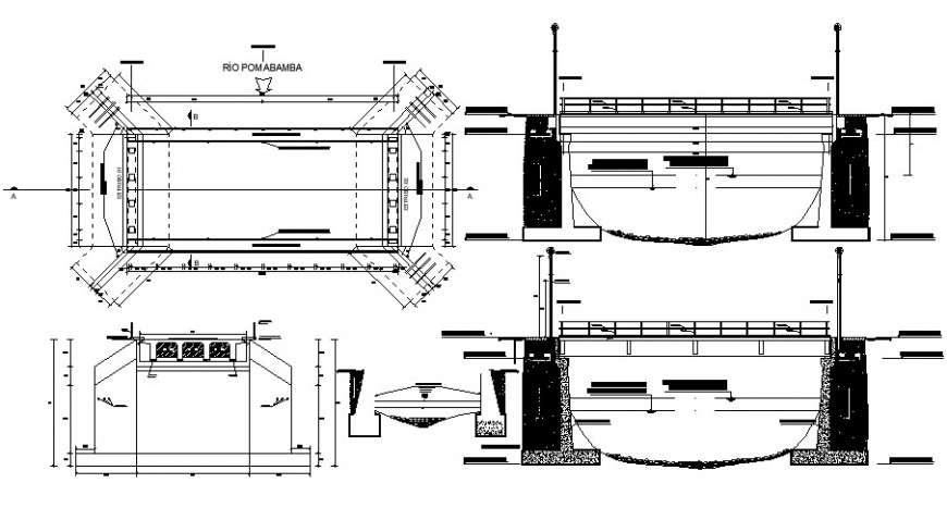 Plan and elevation of bridge 2d CAD structure dwg file