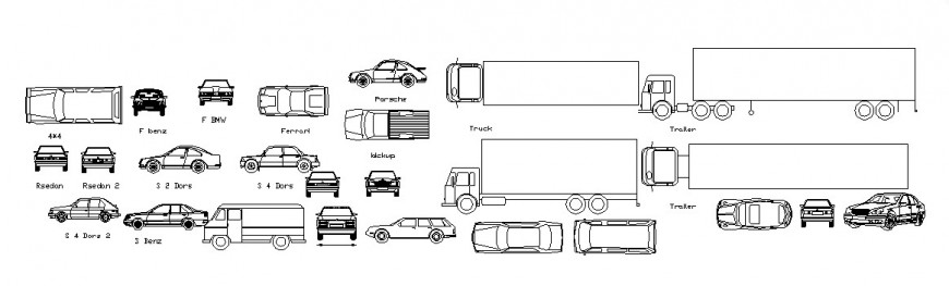 Plan and elevation of different vehicle block in AutoCAD software