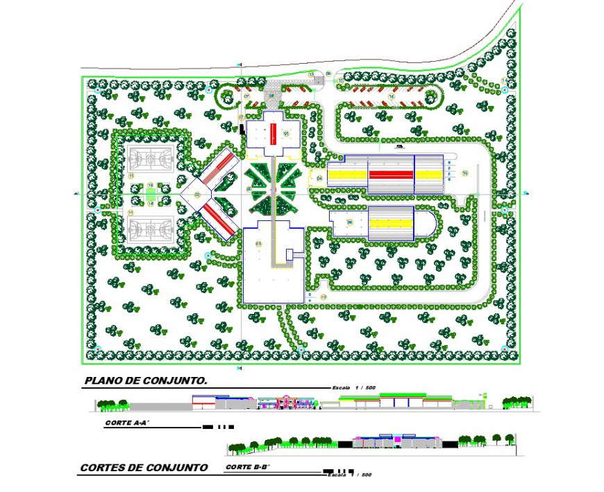 Plan and section drawing of sports club in dwg file.