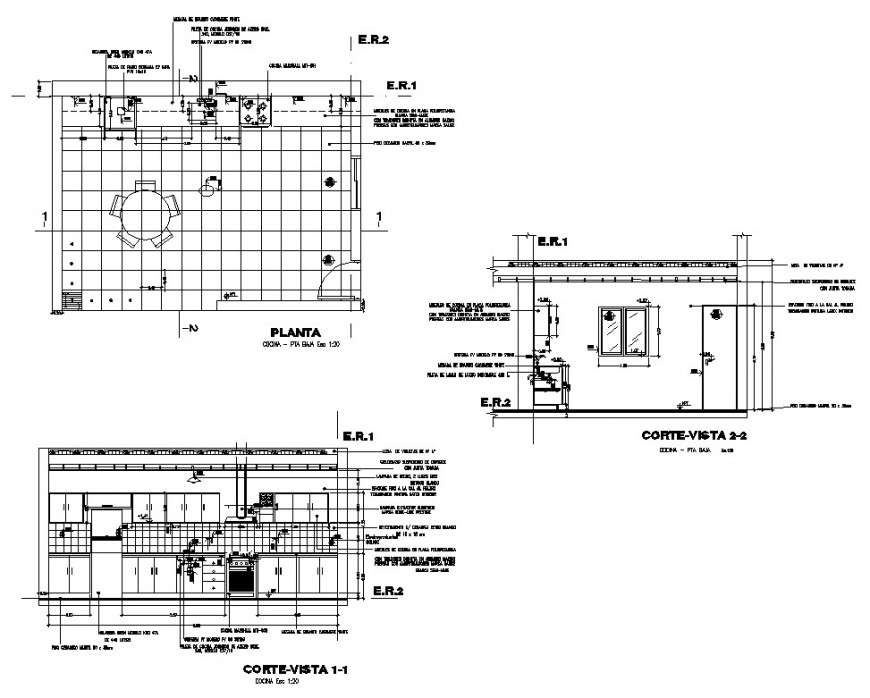 Plan and section of typical kitchen CAD structure layout file in dwg format