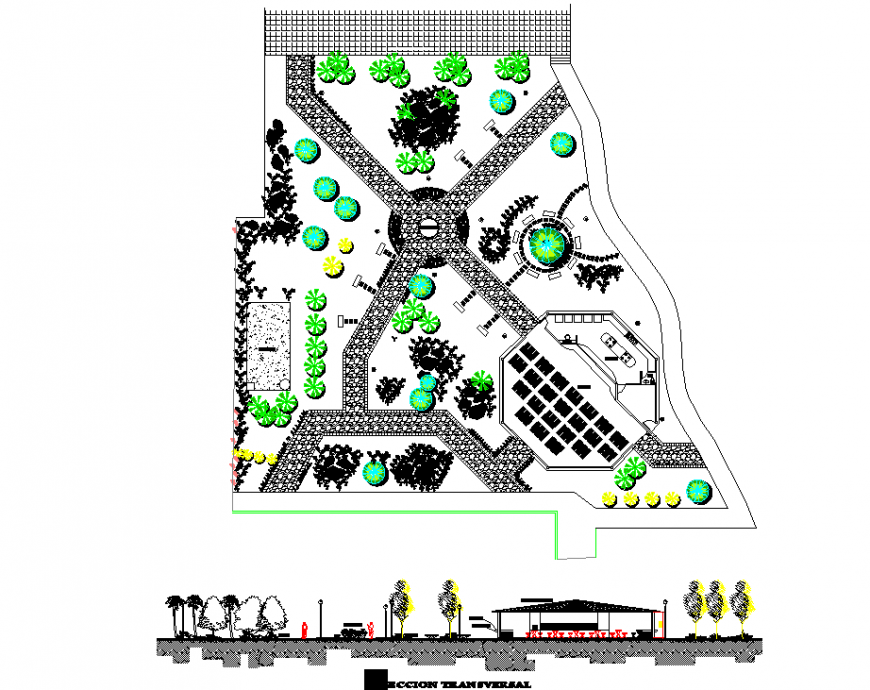 Plan and section open restaurant detail dwg file