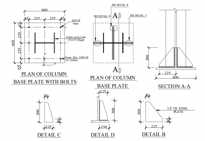 Plan of column base plate with bolts detail
