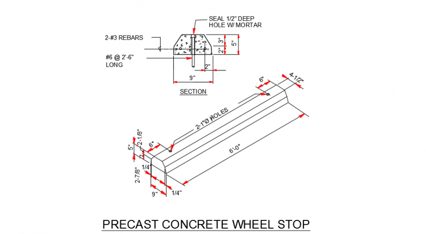 Precast concrete wheel stop sectional detail