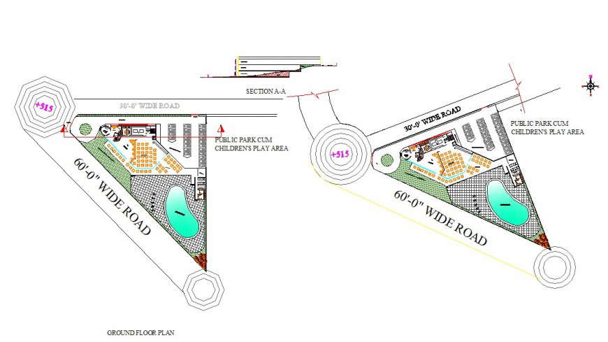 Public park detail plan and section 2d view CAD block layout autocad file