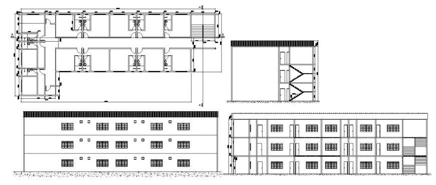 Public toilet building main and back elevation, plan and installation drawing details dwg file